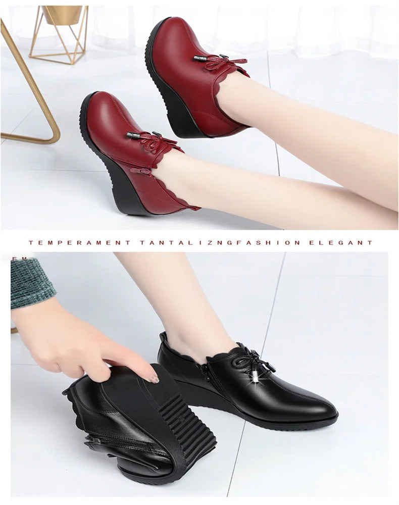 CINESSD 2023 New Fashion Lace Leather Platform Pumps Korean Style Casual Waterproof Pointed Toe Shoes for Women Spring Autumn