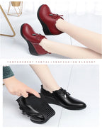 CINESSD 2023 New Fashion Lace Leather Platform Pumps Korean Style Casual Waterproof Pointed Toe Shoes for Women Spring Autumn