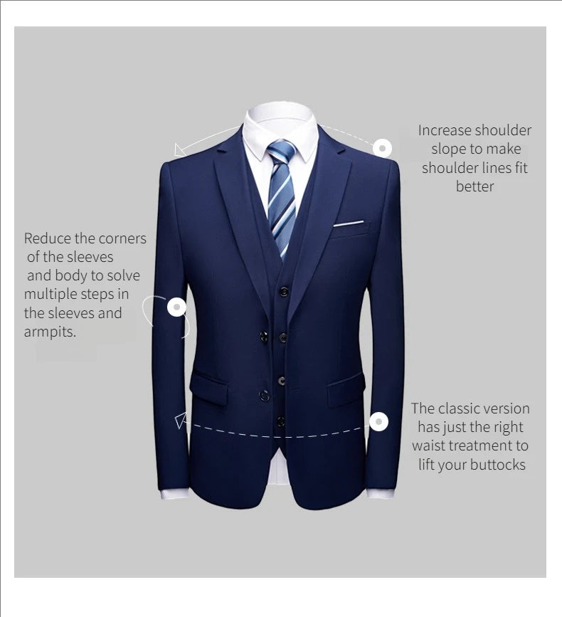 Men's 2 Piece Suit Set Solid Color Elegant Wedding Formal Business Dress Blazer Vest Pants Classic Tuxedo for Party Groomsmen