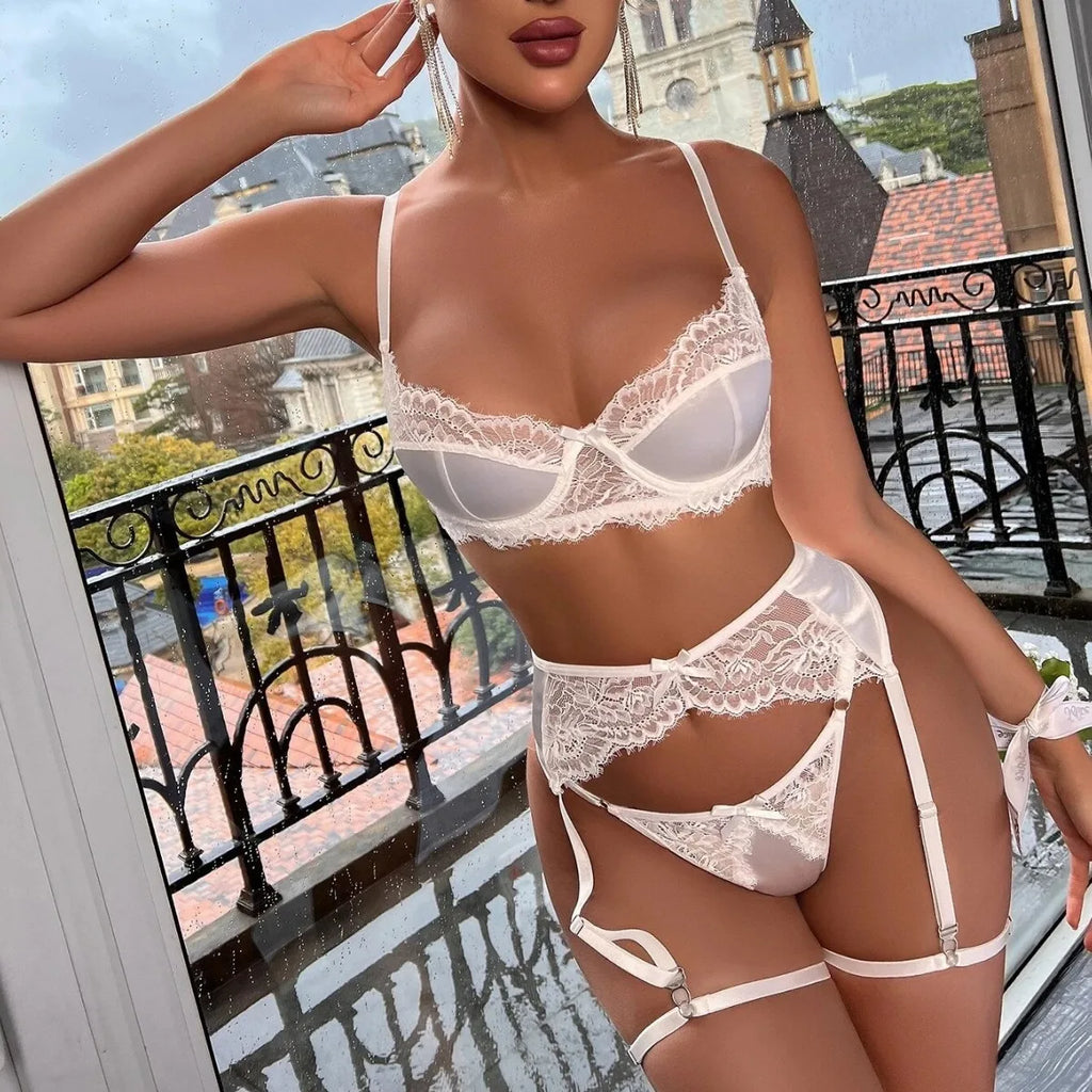 Ellolace Elegant Women's Lingerie Sets Gorgeous Satin Patchwork Bra 5PC Pure White Wedding Soft Intimate Sexy Girls' Underwear