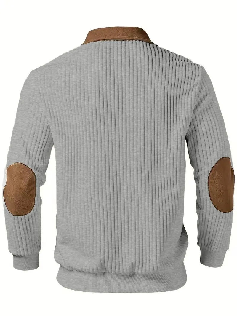 New Arrival Men Color Block Corduroy Collar Ribbed Long Sleeve Half Zip Polo Sweater Elbow Patches Casual Pullover Sweatshirts