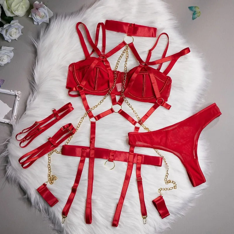 Toucheart 4 Piece Set Sexy Chain Halter Underwear Set For Women Erotic Lingerie Temptation Sexy Role Play Chain Underwear Set