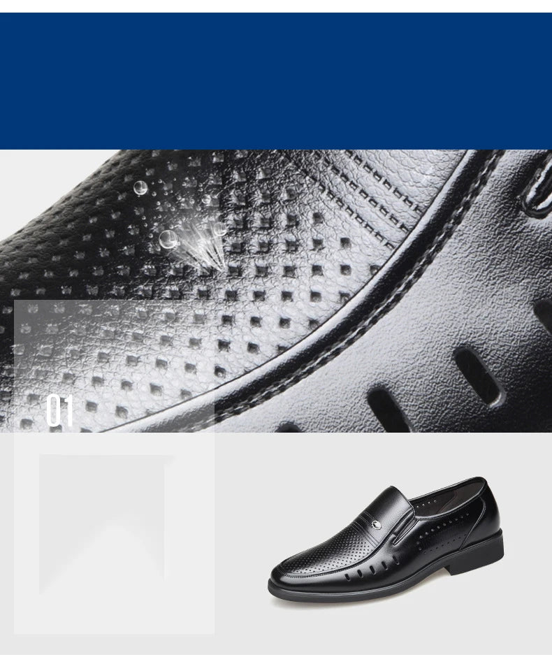 Men's Breathable Hollow Out Elevator Dress Leather Shoes Spring Summer 6cm Height Increase Business Slip-On Formal Office Shoes