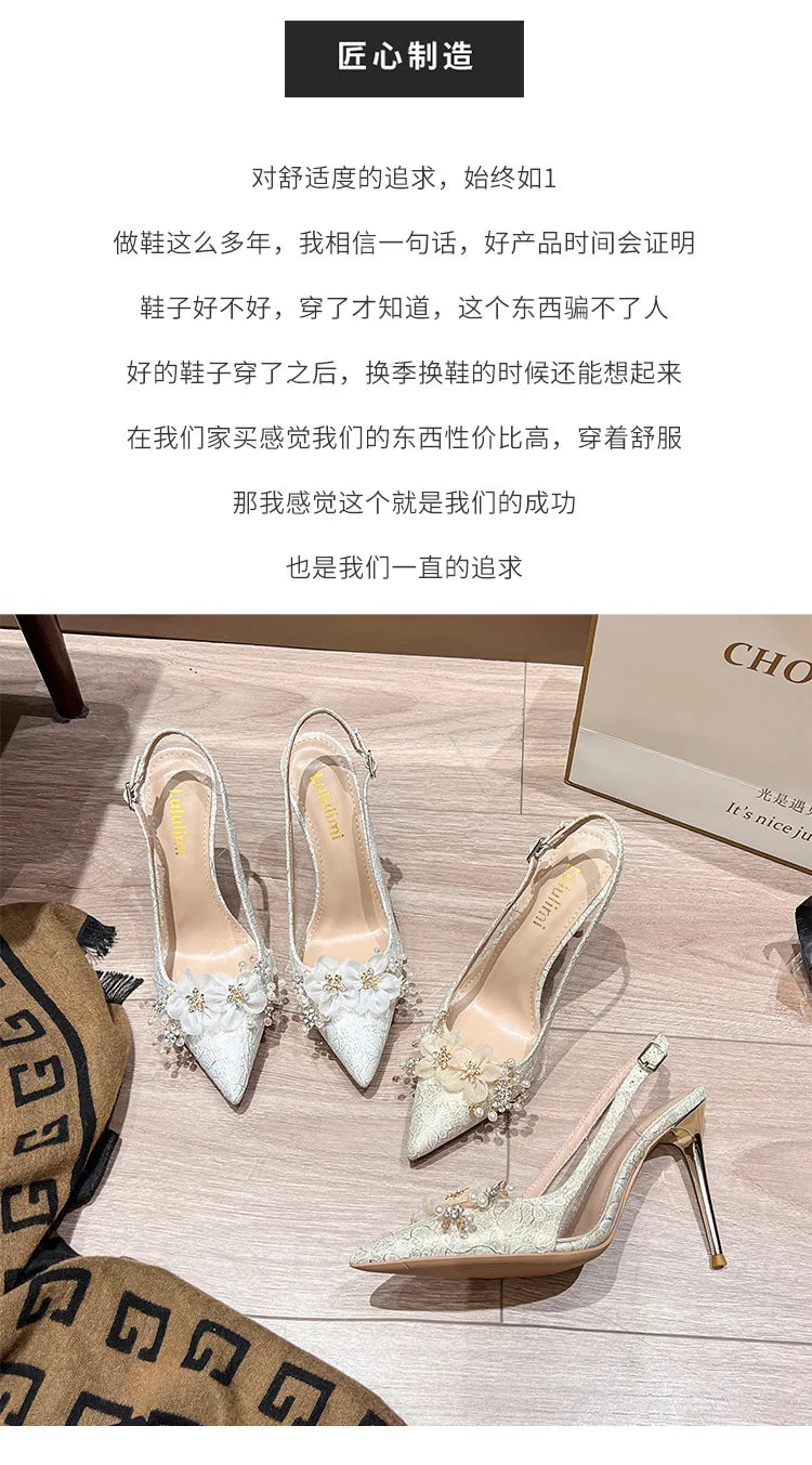 French Bride Gold Wedding Shoes spring women Thin Heel Pointed Shallow Mouth Flower Rhinodrill High Heels  Fashion Sandals