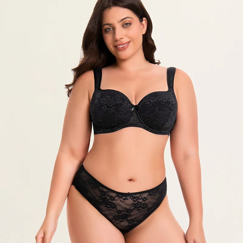 Women Plus Size Minimizer Lace Bra And Panty Set Underwire Full Coverage Big Cup D E F G H I J Smooth Back Fat Lingerie 2 Pieces