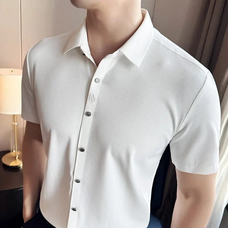 Men's White Business Casual Shirt, Fitted Striped Elastic Short-sleeved Shirt, Exquisite Embroidered Summer Formal Work Uniform.