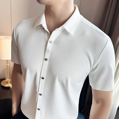 Men's White Business Casual Shirt, Fitted Striped Elastic Short-sleeved Shirt, Exquisite Embroidered Summer Formal Work Uniform.