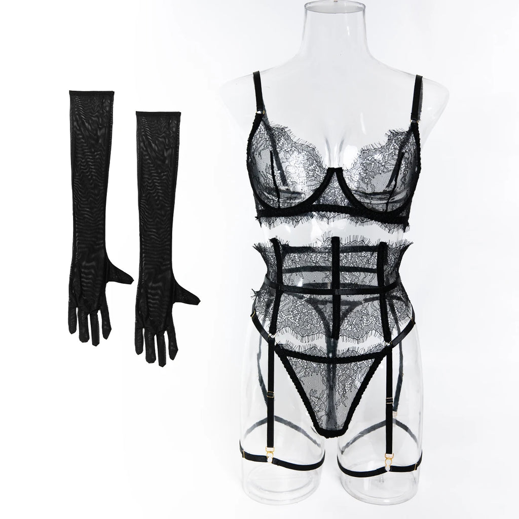 New Eyelash Lace 5-Piece Lingerie Set for Women with Underwire Bra Waistband  Garter Belt Leg Rings Gloves Sexy Comfortable