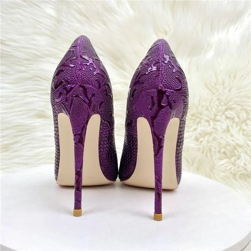Purple Embossed Crocodile Effect Women Pointy Toe Slip On High Heel Shoes for Party Sexy Ladies Dress Stiletto Pumps