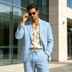 Men's Linen Suit 2 Piece Set Blazer & Drawstring Pants Business Casual Suit Jacket Trousers Summer Beach Wedding Formal Outfit