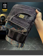 Men's Denim Pants Are Worn Washed Embroidered Smple Straight and Slim Fit With Small Legs