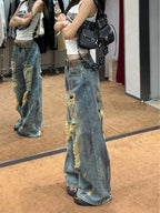 Women's Light Blue Distressed Wide Leg Jeans High Waist Heavy Ripped Vintage Y2K Baggy Denim Pants