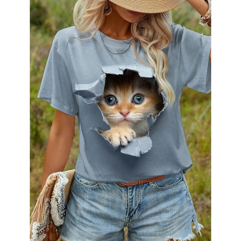 Funny 3D Cartoon Cat Print Women's T-Shirts Casual O-neck Short Sleeve Top Fashion Female Clothing Summer Girl Blouse Loose Tees