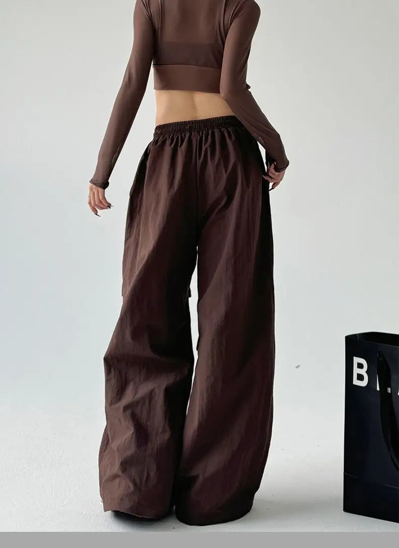 Y2k Hiking Straight Wide Pants Men Streetwear Cargo Paratrooper Pants Casual Brown Quick Dry Pocket Summer Travel Sport Trousers