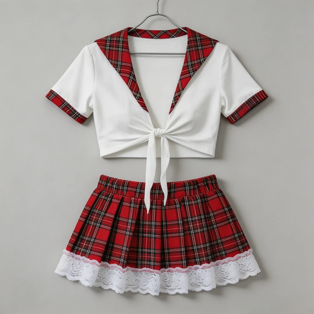 Schoolgirl Cosplay Lingerie Set, Red Plaid Tie Front Crop Top Lace Trim Mini Skirt Outfit