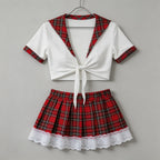 Schoolgirl Cosplay Lingerie Set, Red Plaid Tie Front Crop Top Lace Trim Mini Skirt Outfit