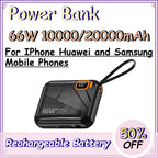 66W 10000/20000mAh Power Bank for IPhone Huawei and Samsung Mobile Phones Built-in Cable PD Two-way Power Bank