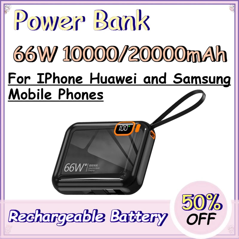 66W 10000/20000mAh Power Bank for IPhone Huawei and Samsung Mobile Phones Built-in Cable PD Two-way Power Bank