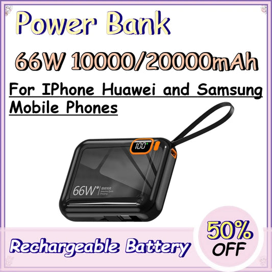 66W 10000/20000mAh Power Bank for IPhone Huawei and Samsung Mobile Phones Built-in Cable PD Two-way Power Bank
