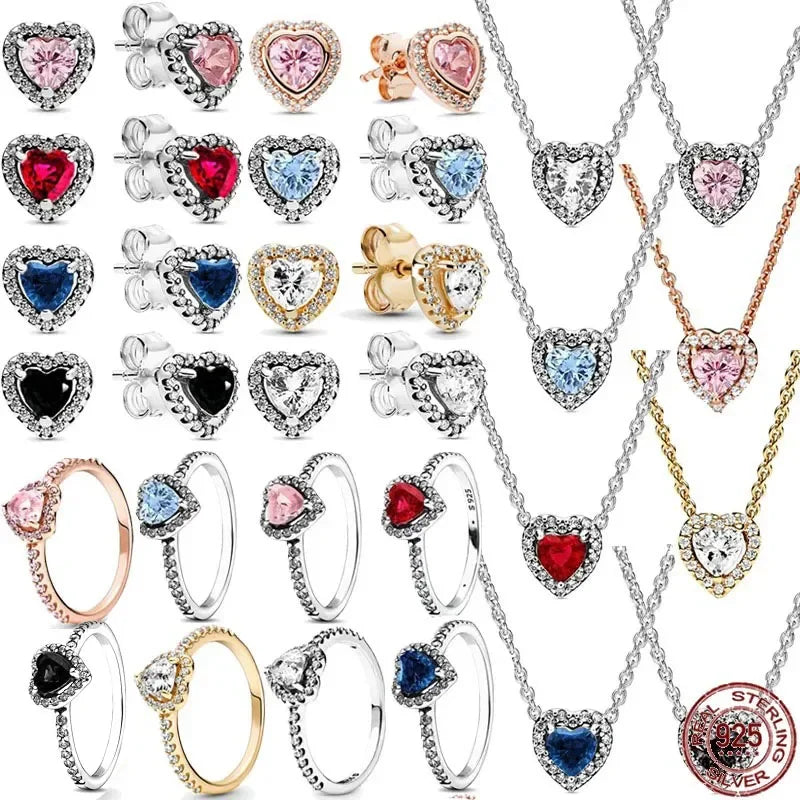 925 sterling silver heart-shaped ring necklace earrings sparkling luxury crystal women's jewelry set holiday surprise gift