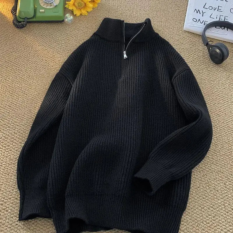 Autumn Winter New Fashion Long Sleeve Stand Up Collar with Half Zipper Sweaters Men's Clothing Casual All-match Knitting Tops