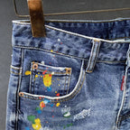 2025 Summer New Fashion Trend Printed Ripped Straight Stretch Jeans Men's Casual Loose Sports High Quality Denim Shorts 28-36