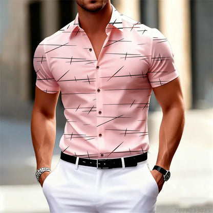 18 colors new men's fashion geometric line print short-sleeved shirt Urban casual style slim lapel shirt comfortable fabric