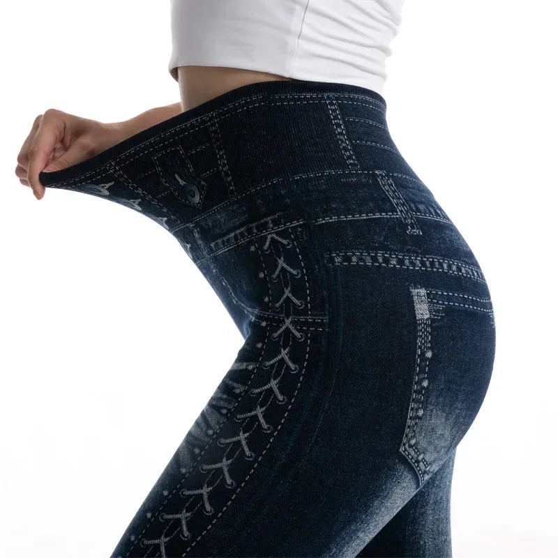 High Waist Faux Denim Jean Leggings Slim Elastic Seamless Skinny Pencil Pant Summer Female Workout Fashion Denim Jeans Leggings