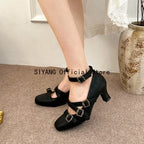 Sweet Lolita Cross Buckle Strap Women Mary Jane Shoes Fashion Multi Metal Buckle Shoes Retro Wedding Party Dress Ladies Pumps