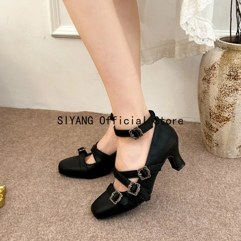 Sweet Lolita Cross Buckle Strap Women Mary Jane Shoes Fashion Multi Metal Buckle Shoes Retro Wedding Party Dress Ladies Pumps
