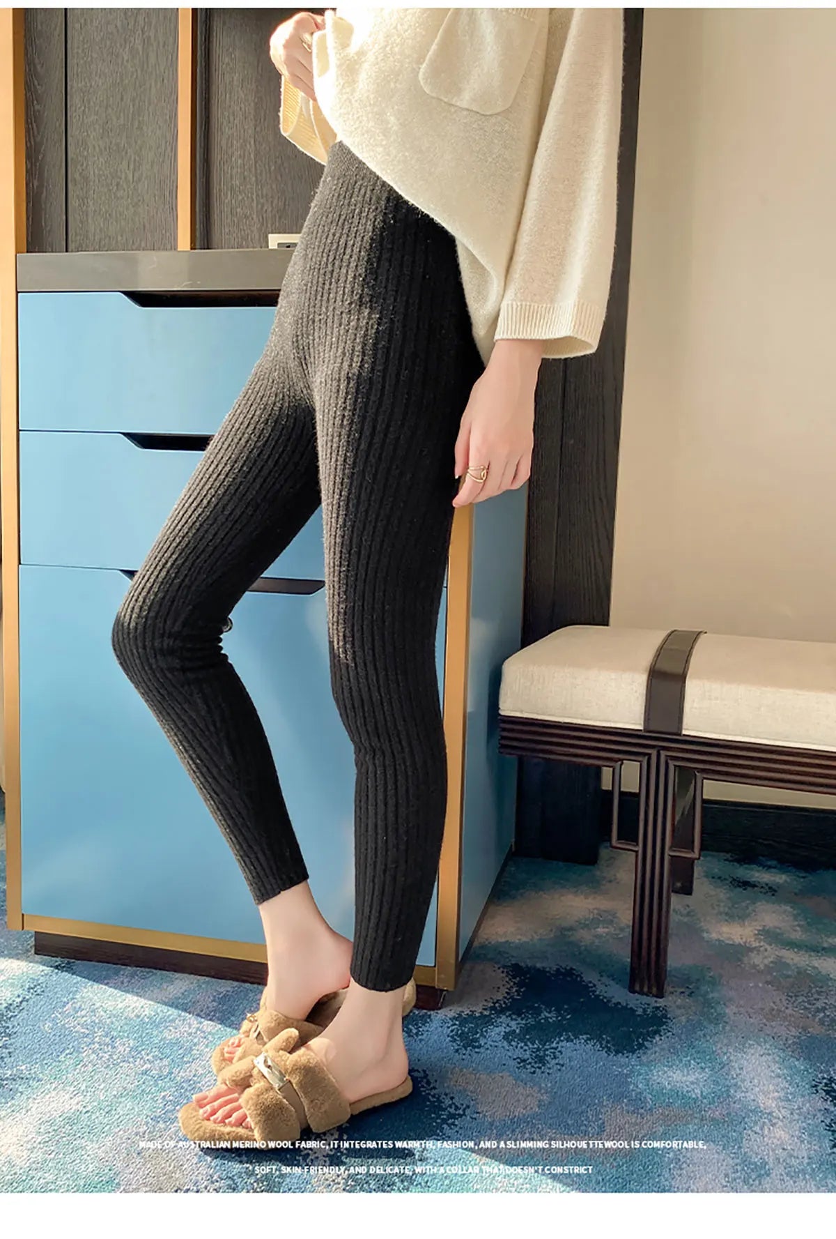 Autumn Winter 100% Merino Wool Leggings for Women Thickening Leggings Small Feet Pencil Pants Outdoor Casual Stretchy Pants