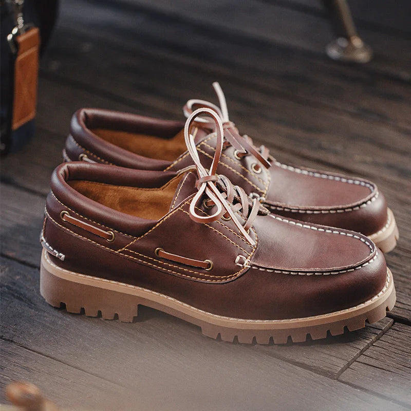 Maden Men's Vintage Boat Shoes Lace-up Round Toe Derby Shoes Low Top Boots British Style Classic Work Dress Shoes