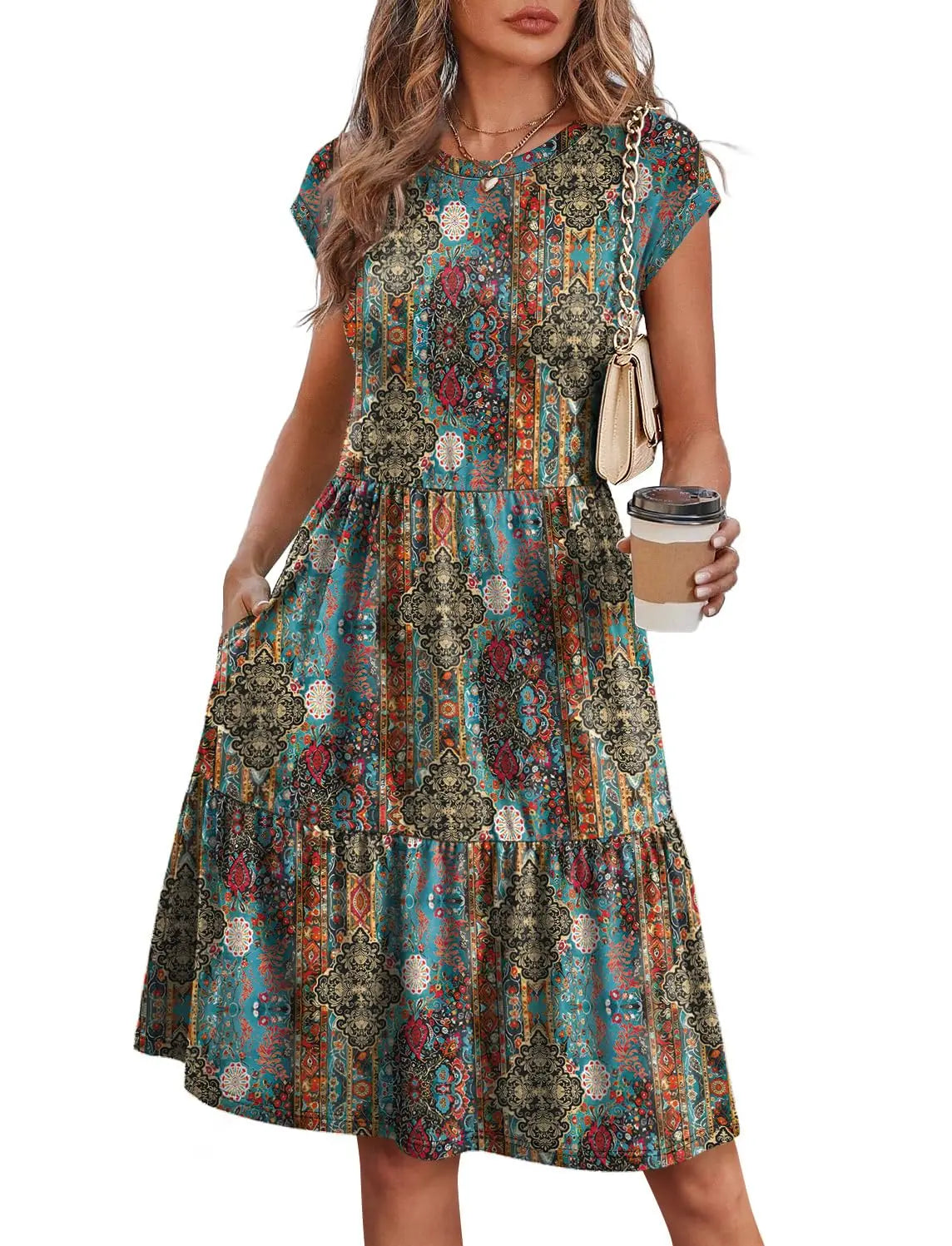 Women Cap Sleeve Casual Tiered Swing Dress Floral Print Summer Beach Vacation Dress