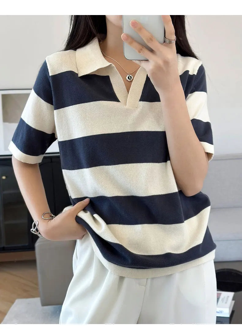 WinvyNee Summer Half Sleeved Women's Solid Polo Shirt Casual Cotton Striped Top T-shirt Women Clothing Casual Knitted A1002022