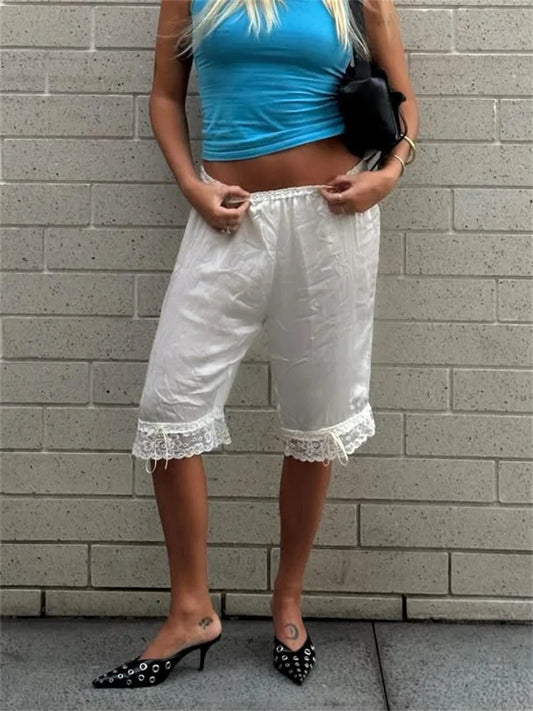 Tossy Y2K Satin Lace Capris Women Low Waist Bloomer Shorts Summer Vintage Coquette Aesthetic Bermuda Shorts Knee Length Pants