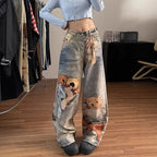 2026 New Spring Women's Colorful Digital Print Bear Jeans High Waist Loose Slim Fit Straight Wide Leg Casual Denim Pants