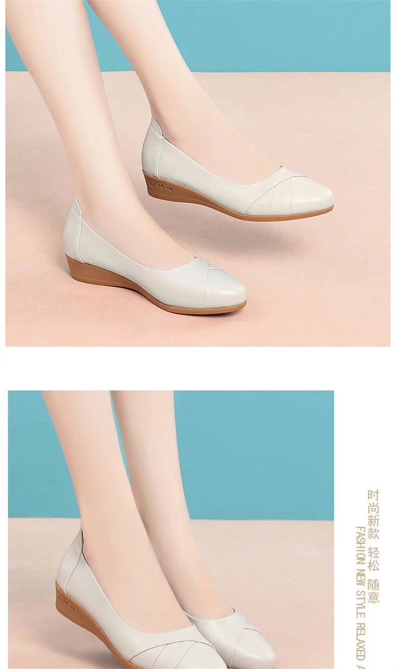 Women Fashion Light Weight Wedge Heel Comfort Spring Autumn Shoes Casual Sweet  Black Leather Soft Bottom Flat Shoes