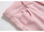 Men's Pleated Patch Denim Biker Jeans Streetwear Pink White Cotton Pants Ripped Patchwork Slim Straight Trousers