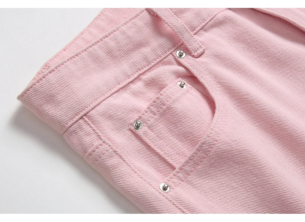 Men's Pleated Patch Denim Biker Jeans Streetwear Pink White Cotton Pants Ripped Patchwork Slim Straight Trousers