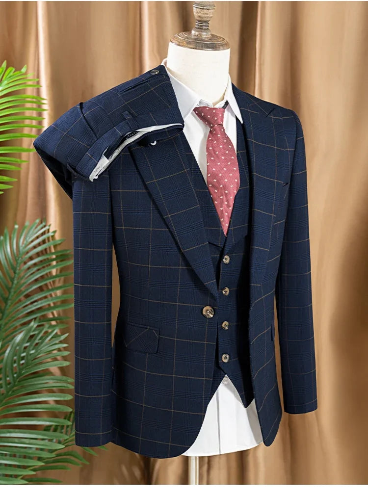 ST Cassy Dark Blue 3 Piece Checkered Suit Set Stylish Business Office Wedding Formal Outfit Elegant Full Man Suit