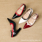 European American Pointed Toe Patent Leather Color Block Shoes Block Heel High Heels Elegant Fashion Casual Shallow Mouth Plus