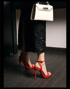 2026 new black patent leather rhinestone open toe sandals with slim heels and a straight ribbon for parties,high heels for women