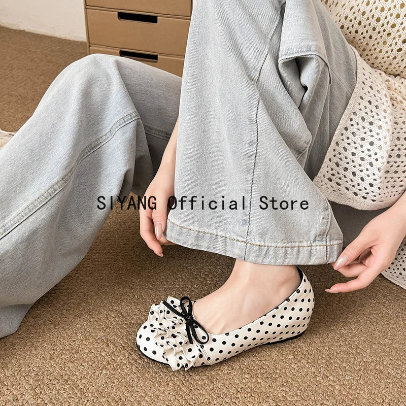 Polka Dot Mary Jane Shoes Women Sweet Ruffle Internal Elevation Shoes Ladies Soft Sole Slip On Daily Comfort Dress Footwear