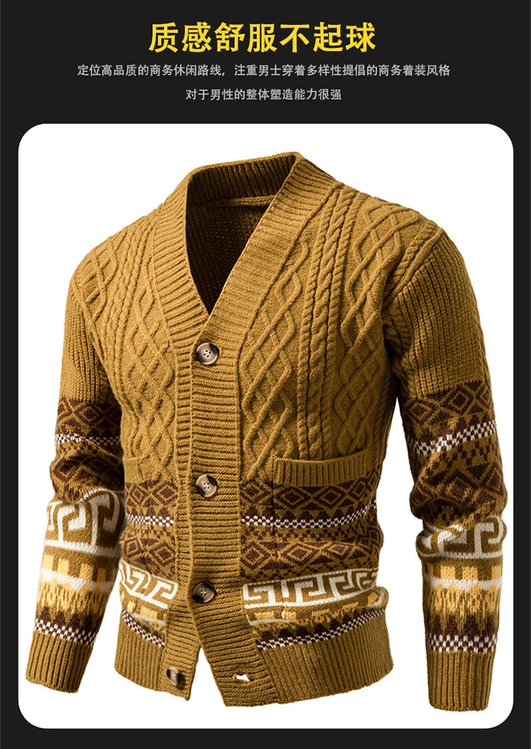 Men's Cable Knit Fair Isle Geometric Striped Cardigan V Neck Button Front Pocket Long Sleeve Sweater Autumn Winter Casual