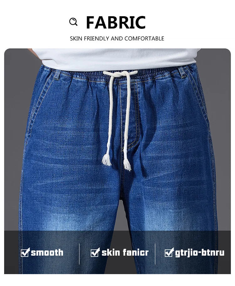 8XL Elastic Waist Men's Jeans, Loose Straight Leg Stretch Denim Pants, Plus Size Casual Streetwear, Big Size Relaxed Fit Trouser