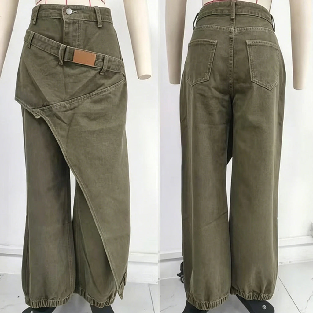 Women's Vintage Asymmetric Overlay Patch Jeans High Waist Washed Denim Jogger Pants Loose Wide Leg Streetwear Casual Trousers