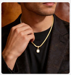 Vnox Geometric Square Natural Stone Pendant Necklace for Men, Gold Silver Color Stainless Steel Blade Chain, Trendy Jewelry Gift