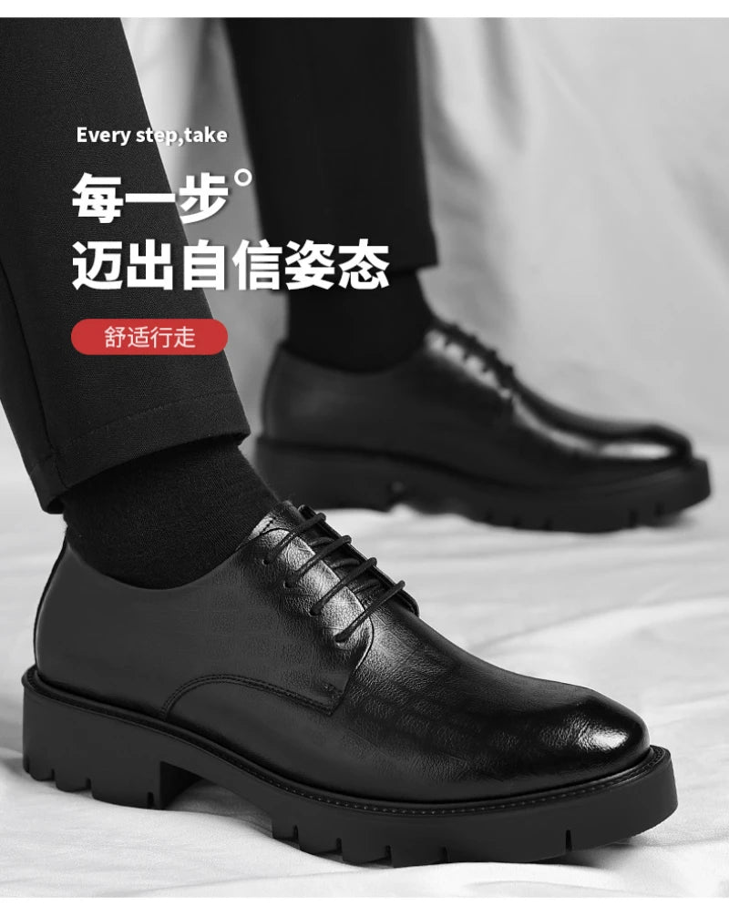 Men's Thick-Soled Low-Cut Business Formal Leather Shoes With Lace-Up Height Increase Groom's Wedding Shoes With Suit Shoes