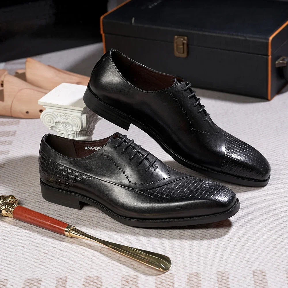 Men's Genuine Leather Oxfords Fashion Pointed Toe Wedding Party Dress Shoes Luxury Lace-Up Office Career Formal