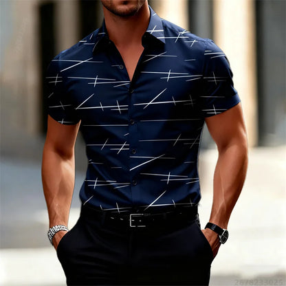 18 colors new men's fashion geometric line print short-sleeved shirt Urban casual style slim lapel shirt comfortable fabric